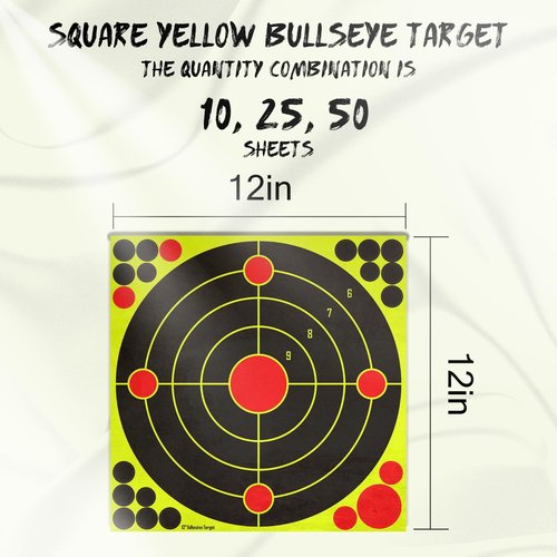 High-Visibility Splatter Adhesive Shooting Targets - Bright Fluorescent Yellow Stick-on Design for BB Guns, Airsoft, Rifles & Pistols - Indoor/Outdoor Range Use (10 Pack, 12x12 Inch)