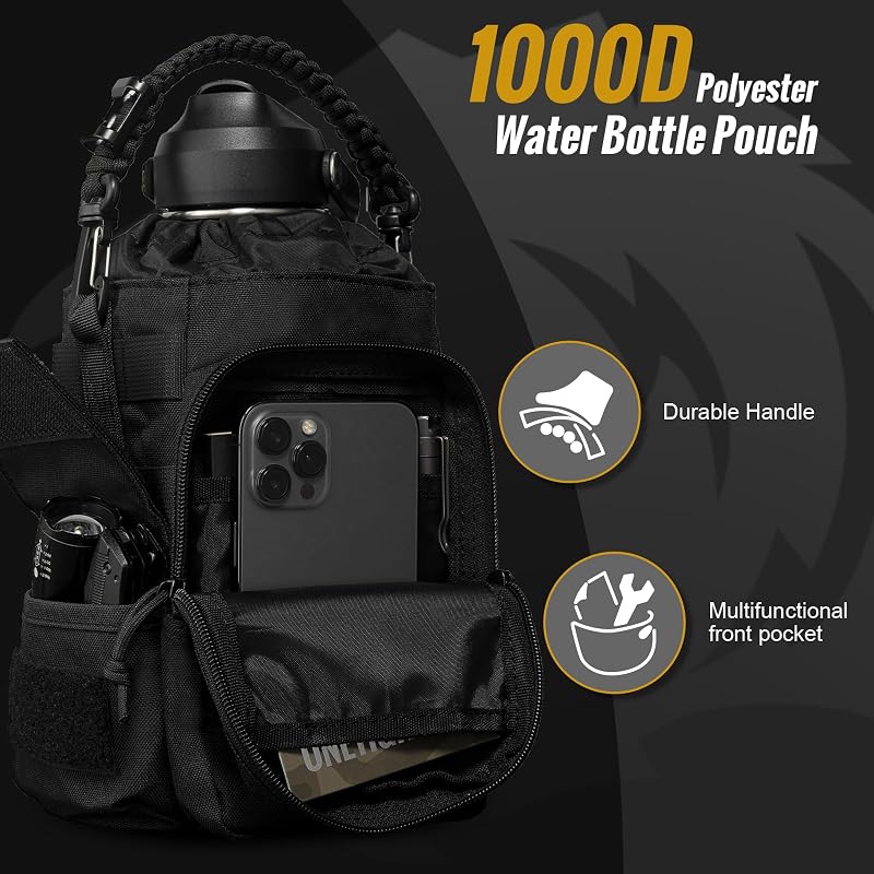 ONETIGRIS 64oz Tactical Insulated Water Bottle with 3 Lids & MOLLE Pouch - Black