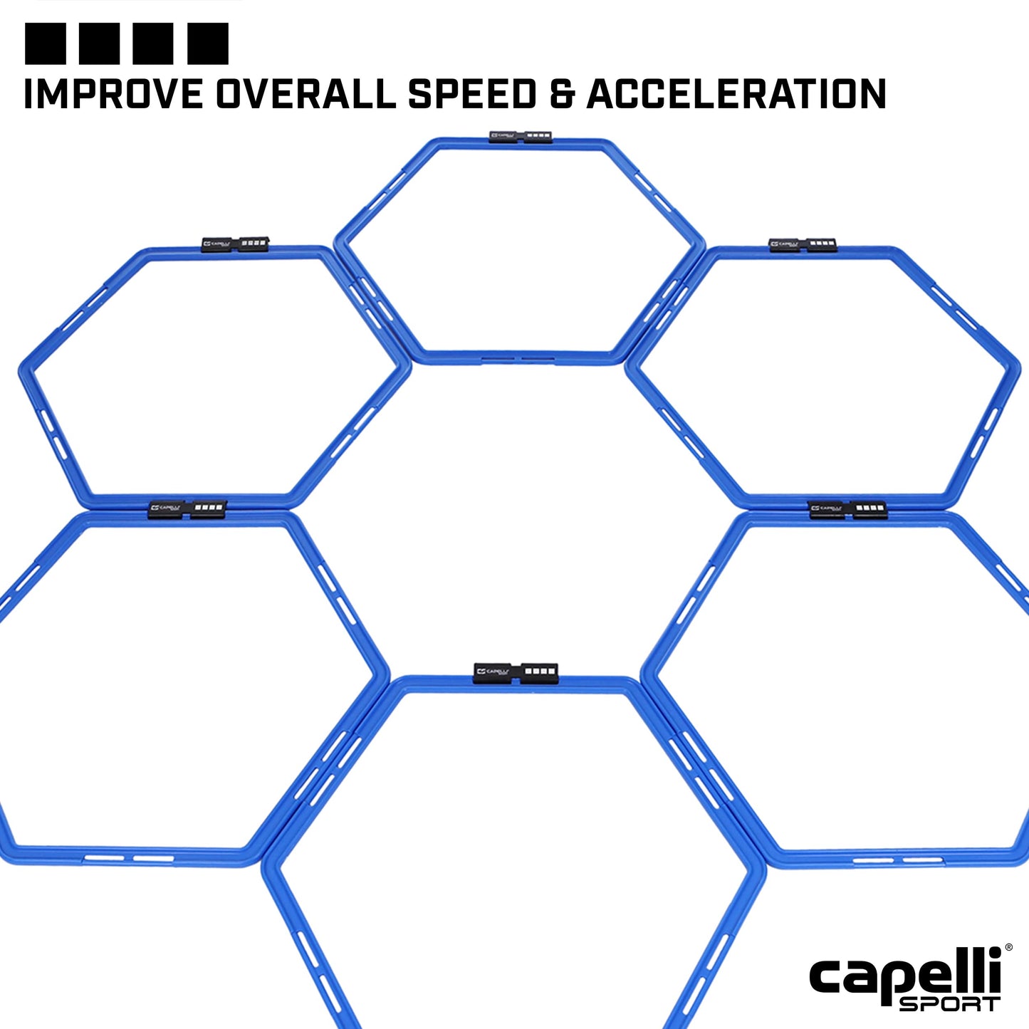Capelli Sport Hexagonal Speed Rings, Interlocking Hex Agility Ladder Rings with Carry Bag, Blue, Set of 6