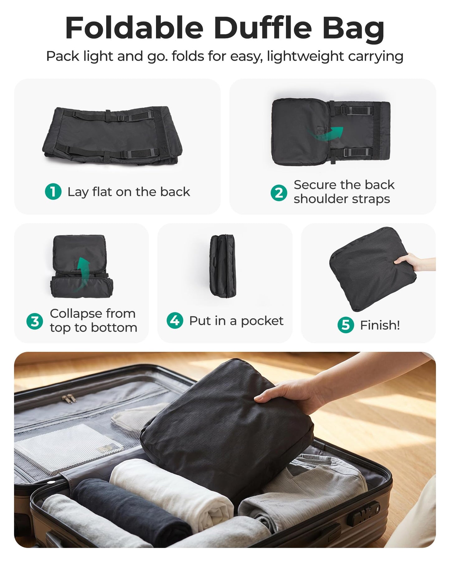 BAGSAMRT 60L Foldable Duffle Bag for Travel, Large Travel Duffel Bag for Men, 4 in 1 Travel Backpack, Carry on Weekender Bag, Gray