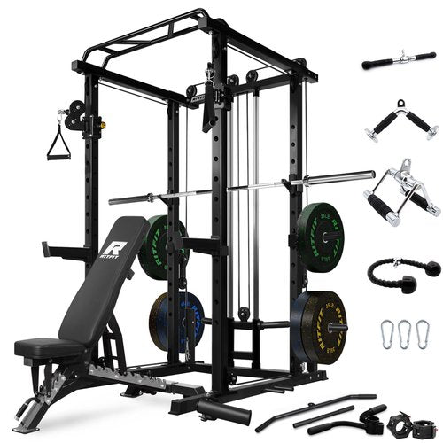 RitFit Squat Rack Power Cage Home Gym Package, Includes 1000LBS Power Rack with Cable Crossover System, Weight Bench, Weight Plate Set with Olympic Barbell (Package 1.6K (Bumper Plate 230LBS))-Black