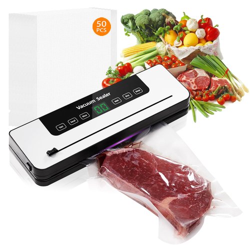 Food Saver Vacuum Sealer Machine for Fresh Food with 50 Bags,Dual Dry/Wet Modes，Built-in Cutter for Vacuum Seal Bags，Strong Suction Power，White