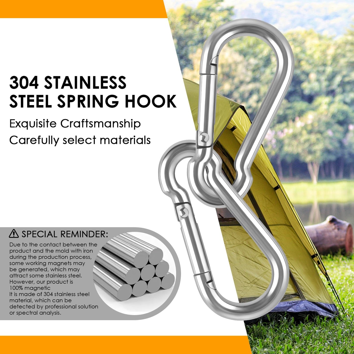 KATUMO 12PCS 2 inch Carabiner Clip, 304 Stainless Steel Spring Snap Hook, Small Metal Clips for Key Chain/Flag/Feeders/Dog Leash/Camping/Hiking/Fishing/Hanging (12)