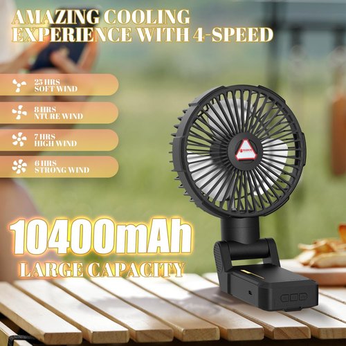 Golf Cart Fan, Magnetic Cruise Fan,10400mah Battery Operated Rechargeable Portable Outdoor Camping Fan w Clamp, Lights, Power Bank Timer, Cordless USB Fans, 4 Speeds, Cabin Air Circulator - Black