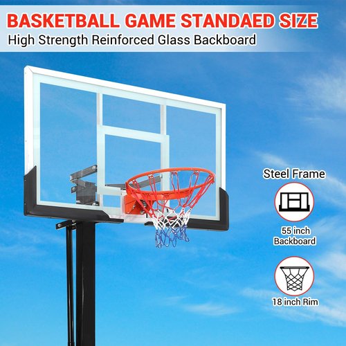 Outdoor In-Ground Basketball System, 55" Shatterproof Tempered Glass Backboard, 8-10ft Quick-Adjust Hoop, Heavy-Duty Stable Base for Driveway, Court, Backyard