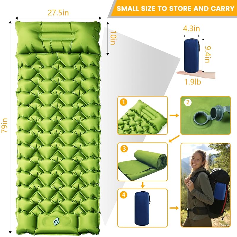 Ultralight 4in Camping Sleeping Pad with Pillow & Foot Pump — Green+Blue
