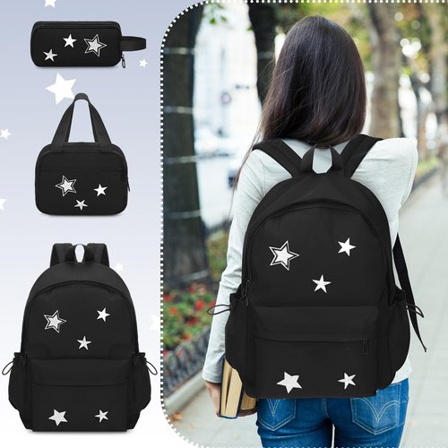 Sunnymove 3 Pcs Cute Y2k Star Backpack Set with Lunch Bag and Pencil Case, Kawaii Aesthetic Canvas Bookbag, Preppy Grunge Trendy Backpack College Casual Day Pack for Women Black