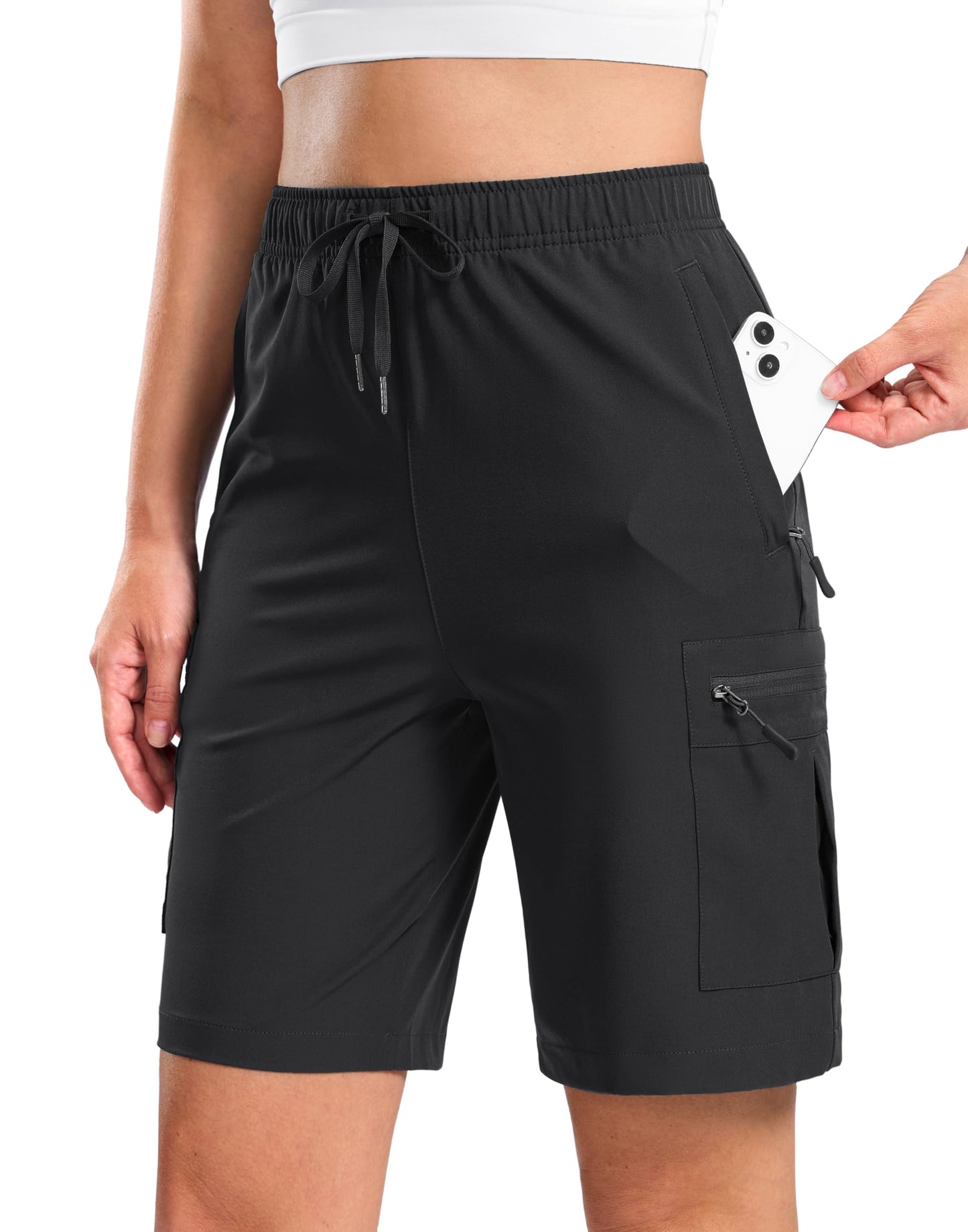 SANTINY Women's 7"/9" Lightweight Hiking Cargo Shorts with 5 Zipper Pockets Quick Dry Summer Long Travel Golf Short for Women (Black_XL)