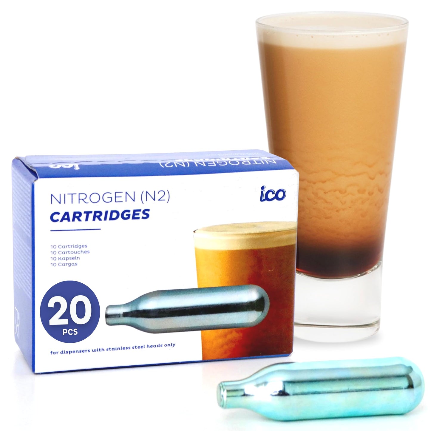 ICO 20-Pack 2g Nitrogen Cartridges (N2) | NOT FOR WHIPPED CREAM | For Nitro Cold Brew Coffee Maker & Beer Infusion - Pure Food-Grade Nitrogen Chargers, Non-Threaded - Recyclable Steel