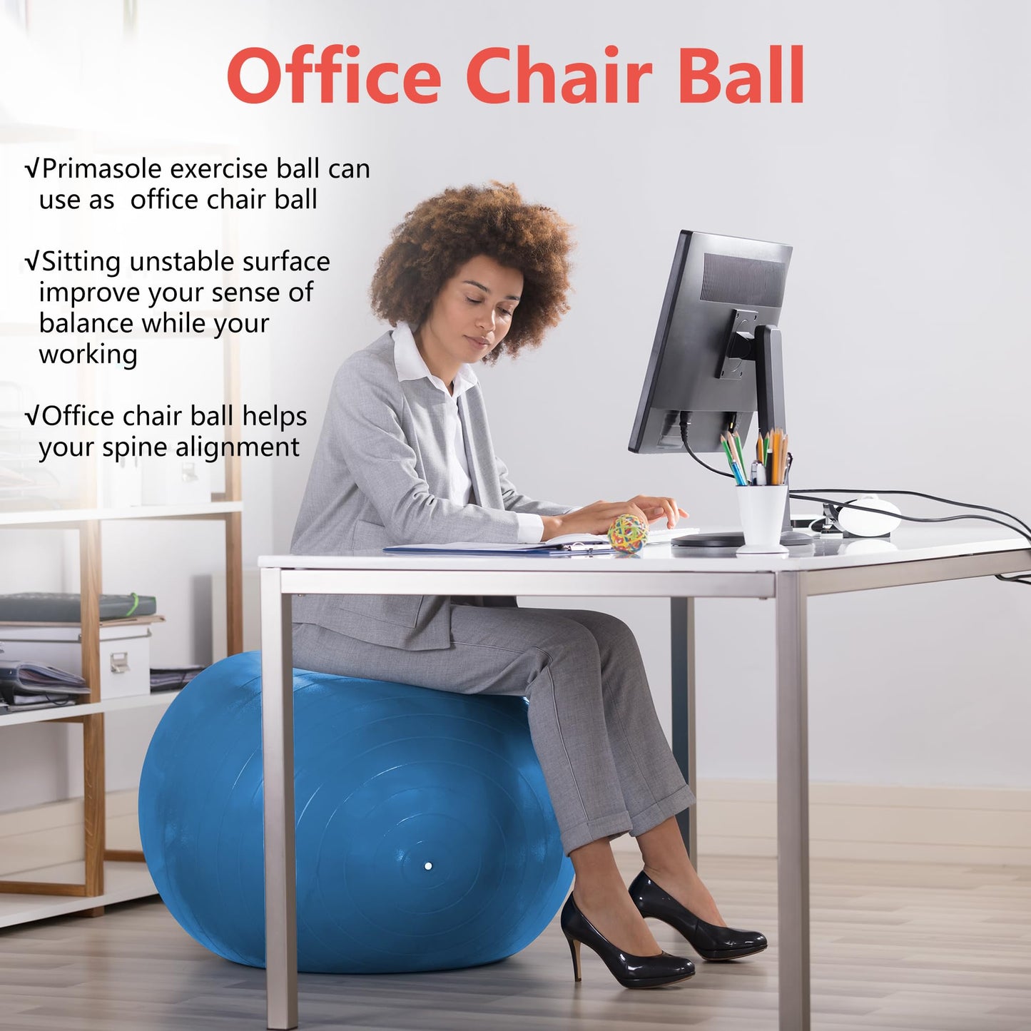 PRIMASOLE Exercise Ball for Balance Stability Fitness Workout Yoga Pilates at Home Office & Gym 55cm Blue
