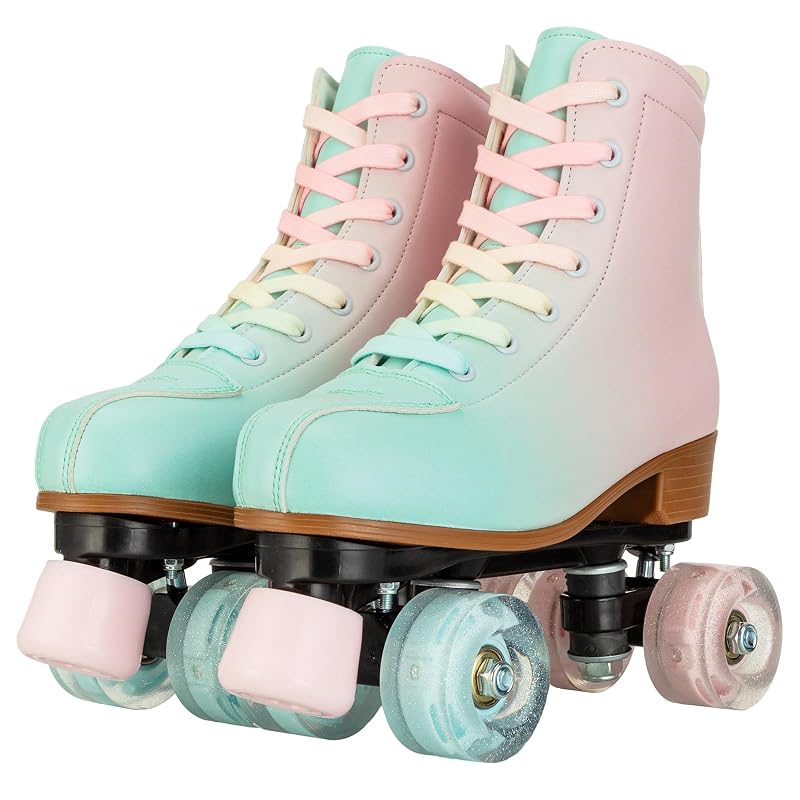 Gradient Pink-Blue Roller Skates for Girls & Women, Cozy PU Leather, Flash Wheels - 37-US Women/Youth 6/7