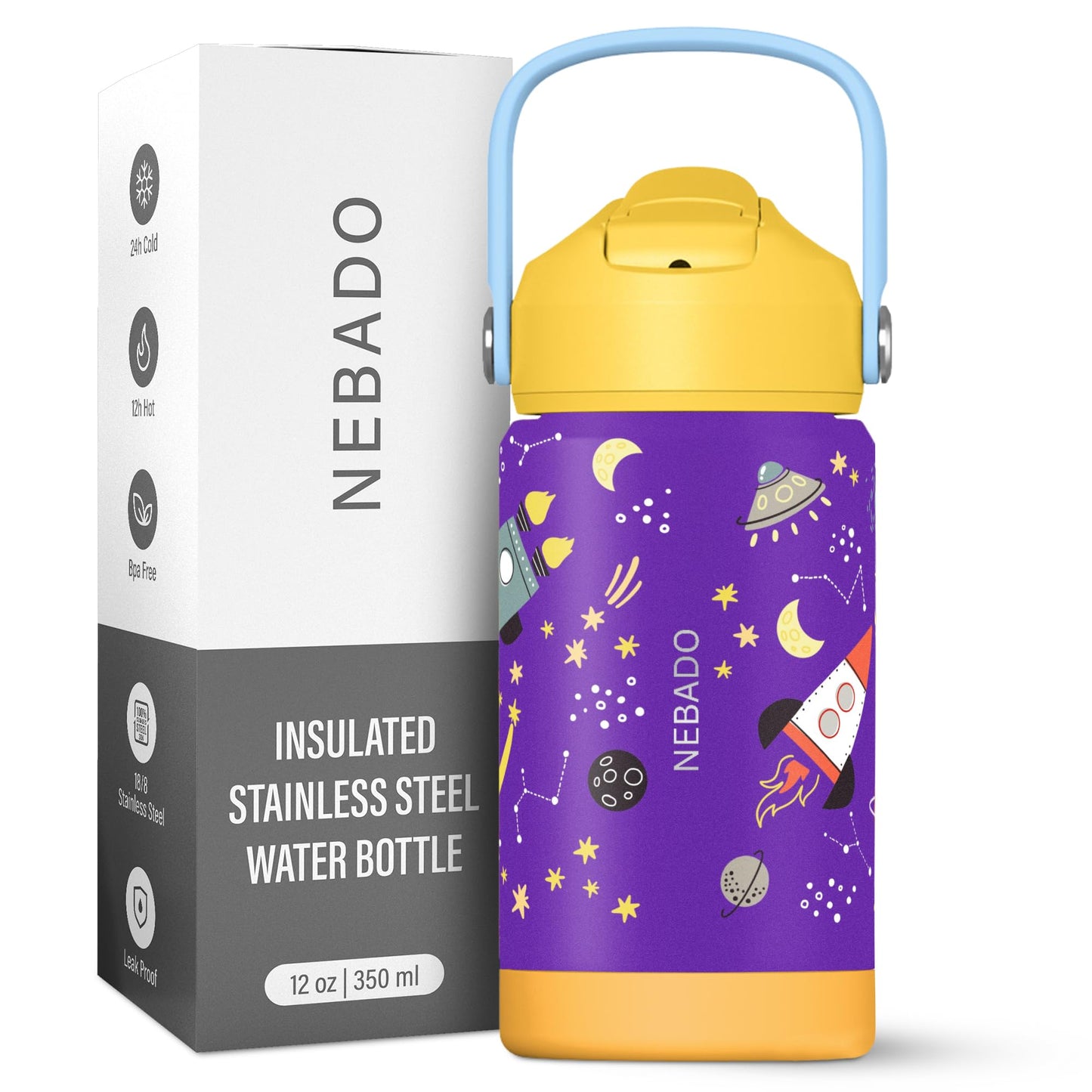 NEBADO Kids Stainless Steel Insulated Water Bottle with Straw 12oz - Leak Proof Toddler Thermos Cup for School, BPA Free with Handle & Non-Slip Silicone Base, Dishwasher Safe, Cosmic Purple