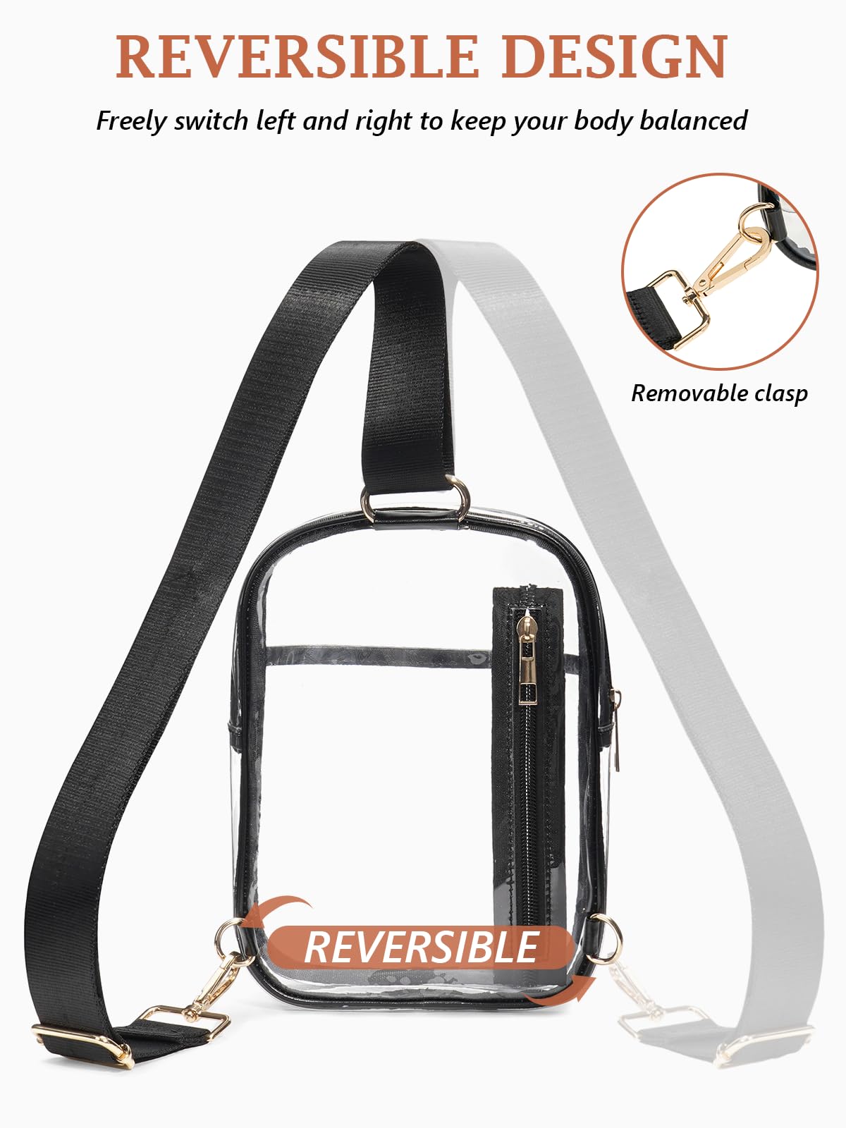 QOECI Clear Bag for Stadium Events 12 x6 x12, Clear Crossbody Bags For Women Men With 2 Extra-Long Staps, Transparent Purses Backpack Sling Belt Fanny Pack Stadium Approved For Concert Sport, Black