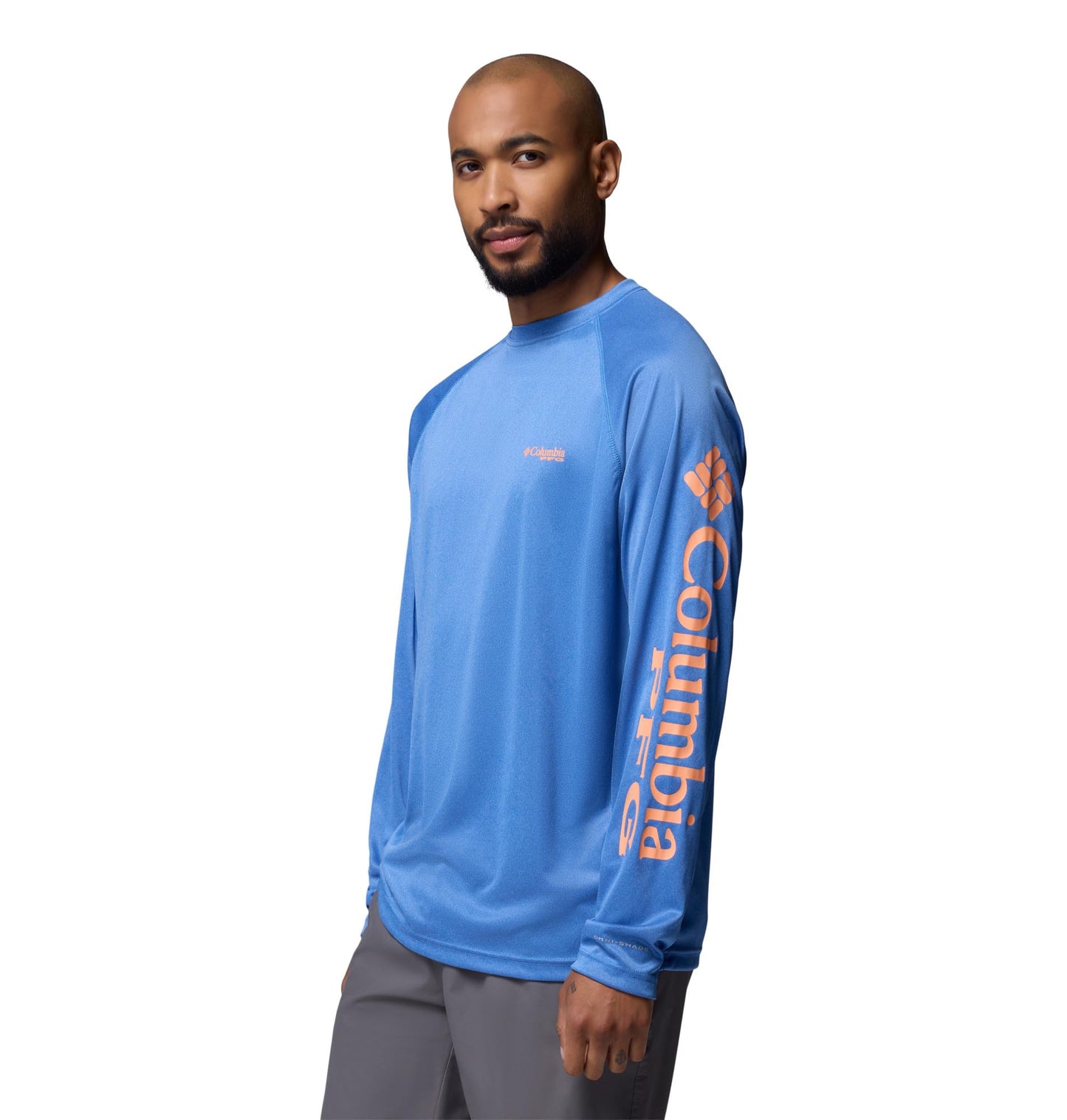 Columbia Men's PFG Terminal Tackle Long Sleeve Fishing Shirt, Vivid Blue Heather/Bright Nectar Logo, 5X Tall
