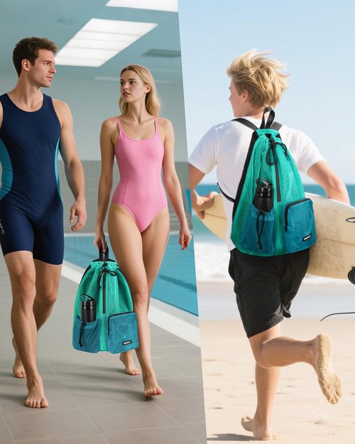 WANDF Swim Bag Mesh Drawstring Backpack with Wet Pocket Beach Bag for Swimming Pool Gym Workout Men and Women (Turquoise)