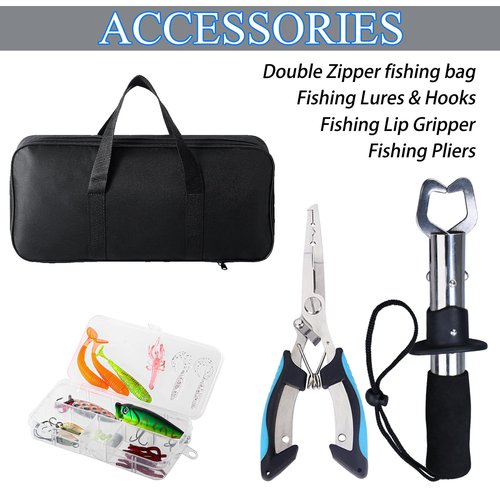 Tripquips Fishing Rod, 2PCS Telescopic Fishing Rod and Reel Combo with Fishing Pliers and Lip Gripper, Pre-Loaded Spinning Reel Combo Set, Fishing Pole with Carrier Bag Fishing Gear-Blue & Green