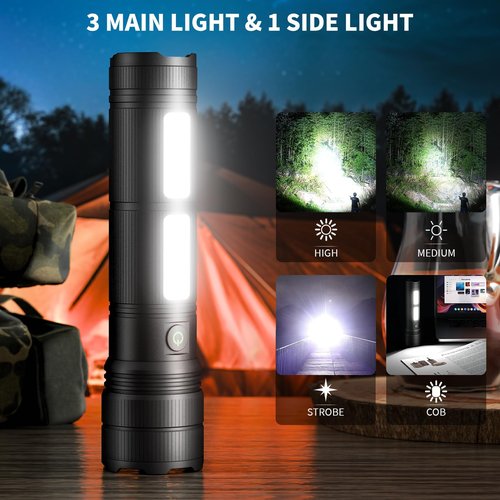 KINGCAESAR Rechargeable Flashlights 3000 High Lumens, Super Bright Flash Light with 2 Cob Light, High Powered LED Flashlights with 4 Modes, 7200 ɱAh & 24 Hours, IPX7 Waterproof for Outdoor, Home
