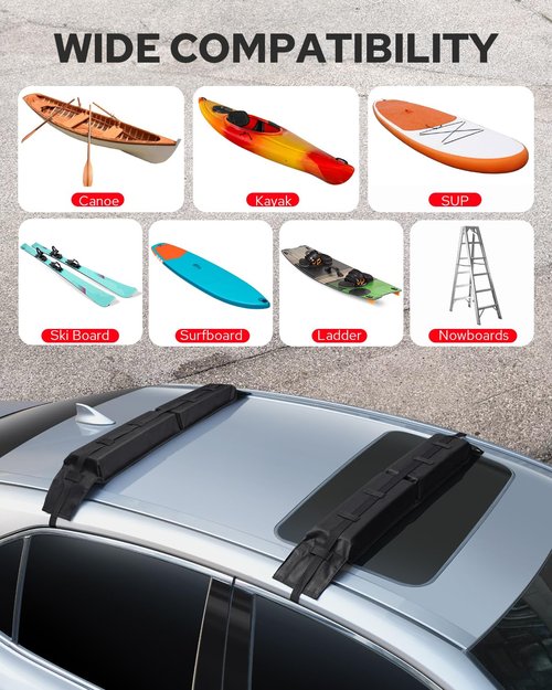 Benlari Universal Car Soft Roof Rack Pads, Roof Pads for Kayak Surfboard SUP Paddle Board Snowboard Canoe Include 2 Heavy Duty Tie Down Straps, 2 Tie Down Rope, 2 Quick Loop Strap and Storage Bag
