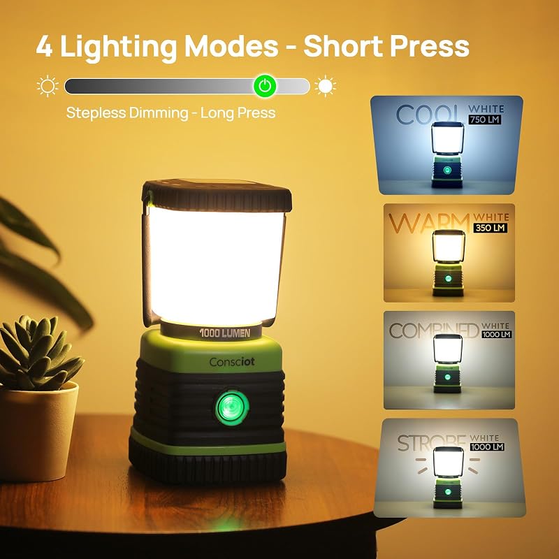 Consciot 1000LM LED Camping Lantern, 4 Light Modes, Dimmable, 2 Pack Light Green