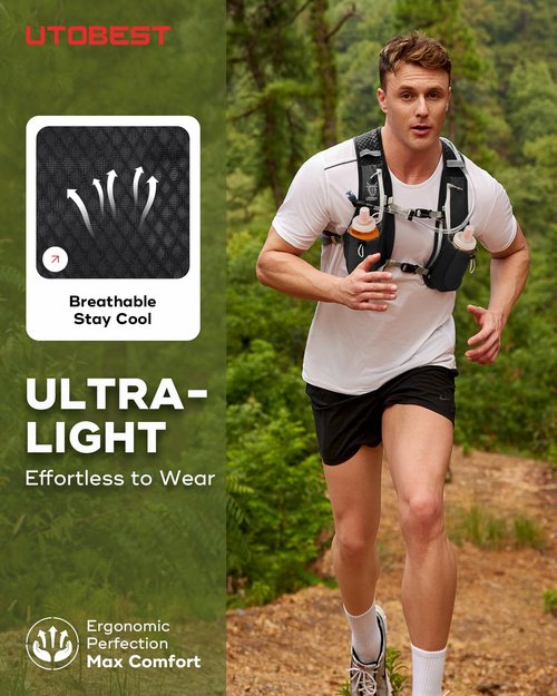 UTOBEST Running Vest, 5L Hydration Vest Lightweight, Running Backpack with 2 x Soft Flask, Adjustable Running Hydration Vest for Trail Running Marathon Race Jogging Cycling Black