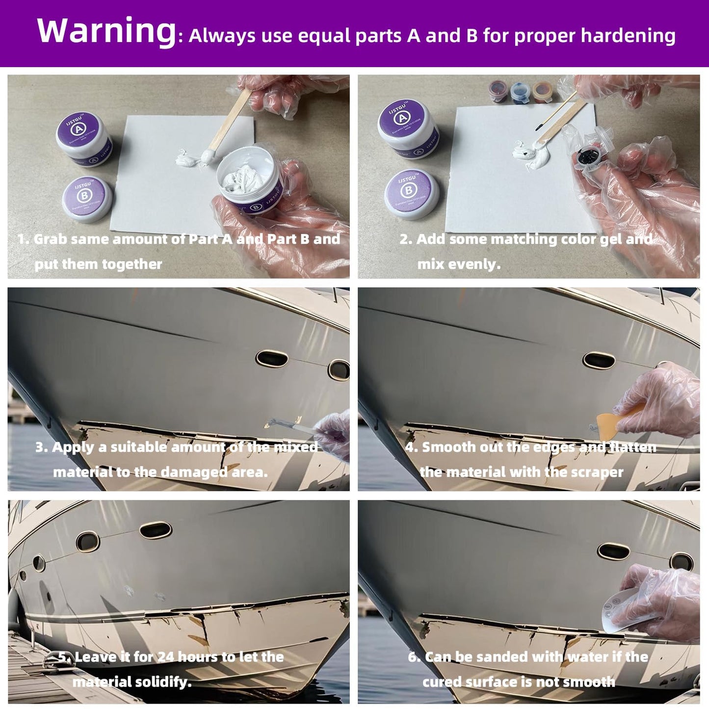 IJSTGU Fiberglass Boat Repair Kit, Fiberglass Repair Kit Fix Holes Chips Pit Cracks,Marine Fiberglass Repair Kit for Boats (Color Match),Epoxy Filler for Boats,Gel Coat Repair Kit for Boats
