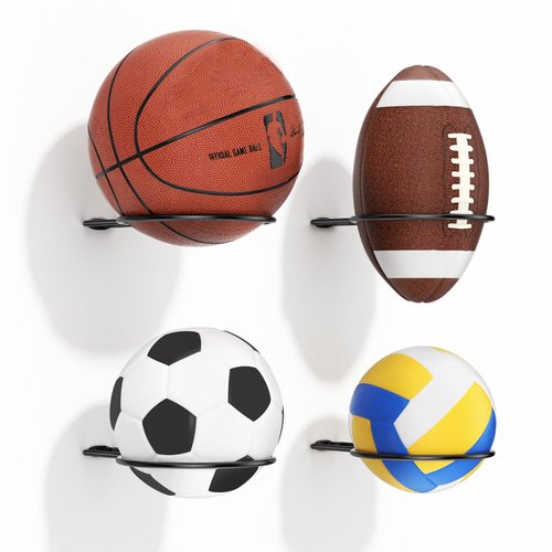 jockcaras Ball Holder Wall Mount Set – 4 Sports Ball Racks for Basketball, Soccer, Volleyball, Football – Wall Storage & Display for Sports Room