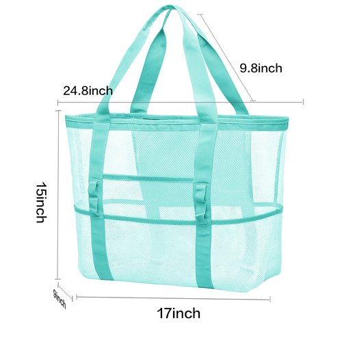 Large Mesh Beach Bag,Beach Tote Bag with Zippered Pockets - Family Pool, Toy & Vacation Essentials Peppermint green