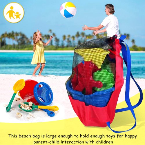 Mesh Beach Bag Drawstring Beach Backpack Foldable Toy Organizer Pouch Shell Basketball Mesh Backpack Large Capacity Swim Bag (Red)