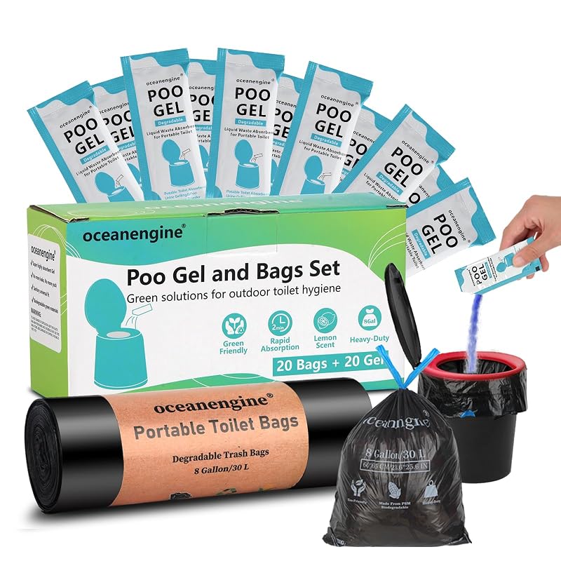 8 Gallon Portable Toilet Bags with Poo Gel Set - 20 Bags & 20 Gel Packs, Compostable, Camping & Outdoor