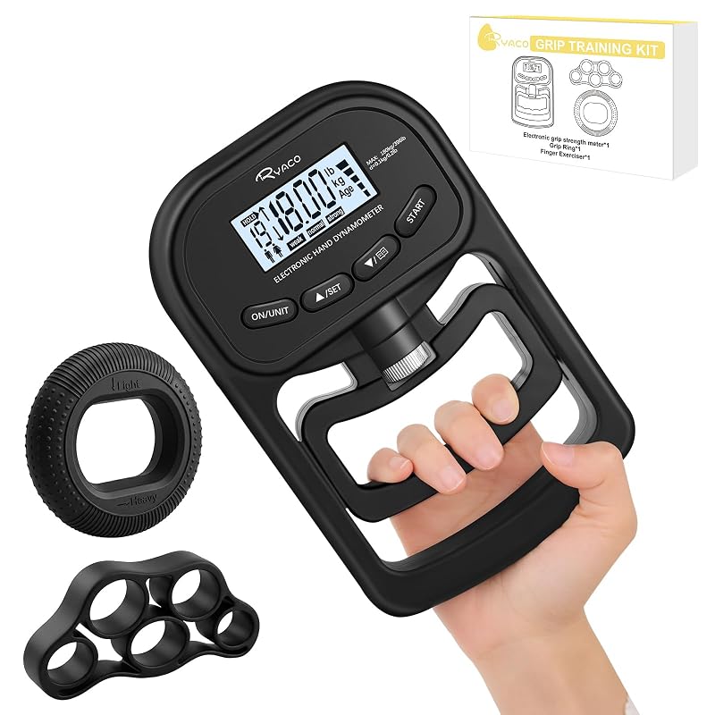 Ryaco Grip Strength Tester with Rings - Black Variant, 396lb/180kg LCD Hand Dynamometer