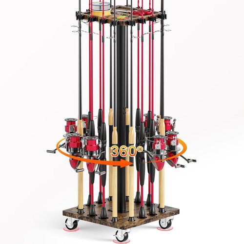 Fishing Rod Rack for 16 Poles - 360° Rotating Base, Easy to Install & Durable Wooden Pole Holders for Garage, Fishing Rod Equipment Organizer Storage Stand for Ground, Fishing Gifts for Men, Brown