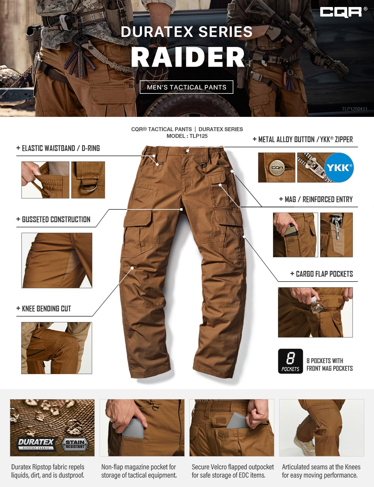 CQR Men's Tactical Pants, Water Resistant Ripstop Cargo Pants, Lightweight EDC Work Hiking Pants, Outdoor Apparel, Duratex Mag Pocket Copper Brown, 34W x 32L