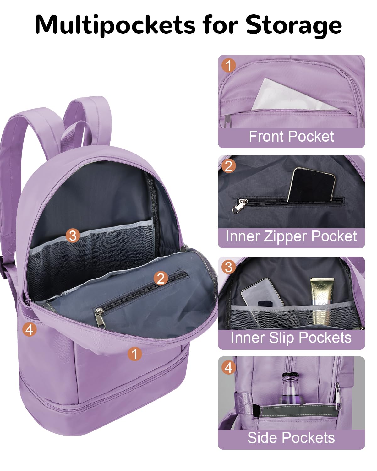 Outplea 28L Small Gym Backpack with Shoe Compartment for Women, Waterproof Sports Backpack with Wet Pocket, Purple
