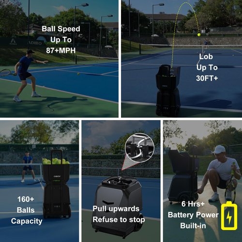 ADIBO Tennis Ball Machine, Dual Motor for Topspin and Backspin, 160-180 Balls, Max 87MPH, Built-in Lithium Battery with 6 Hours of Continuous Operation (T500)