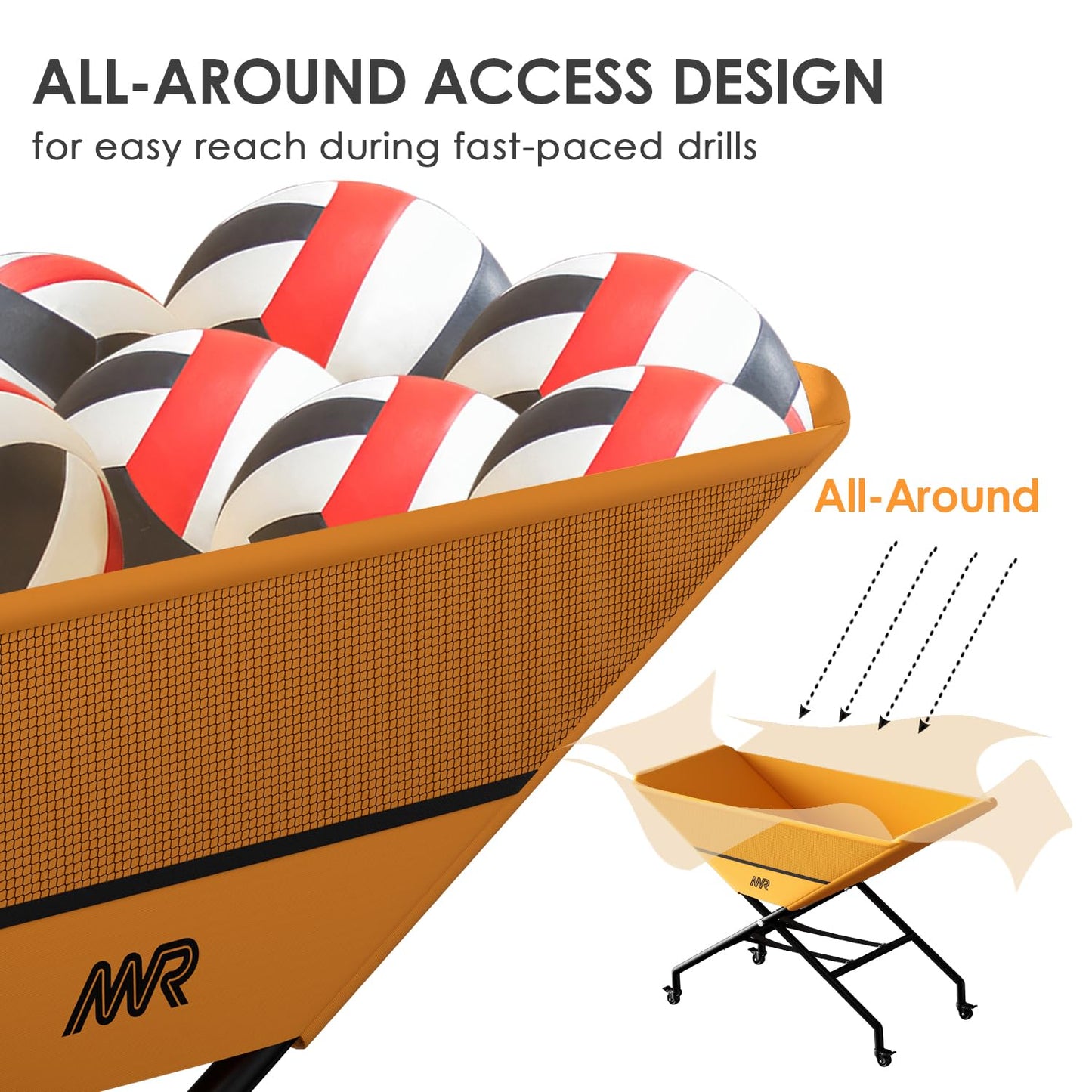 MR Collapsible Volleyball Wheeled Cart, Portable Hammock Ball Cart, Volleyball Cart with Wheels, Rolling Volleyball Basket Ball Storage, Volleyball Training Equipment Ball Holder, Hold Up to 30 Balls