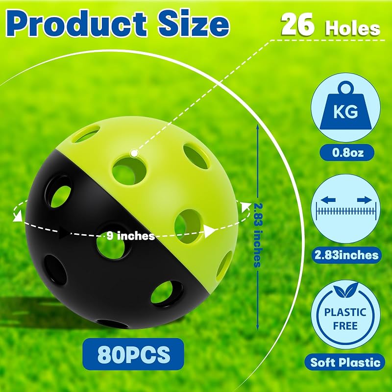 80 Pack Green/Black Two-Tone Practice Baseballs with Drawstring Bag - Lightweight Hollow Training Balls for Indoor Outdoor Use