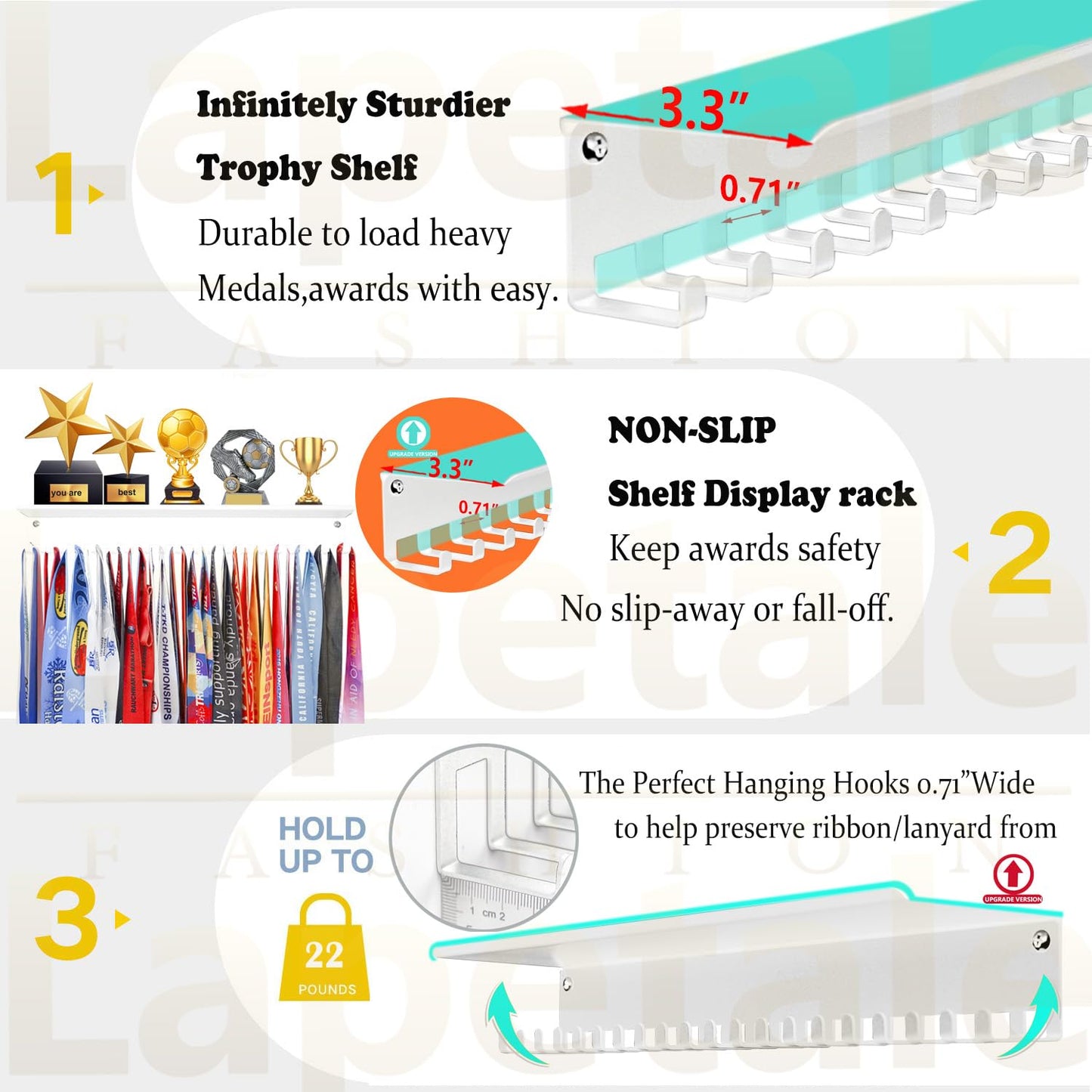 Lapetale Fashion Non-Slip Trophy Shelf - 16 Inch Medal Hanger Display for Wall with Upgraded Shelves for Trophies, Gymnastics, Soccer, Swim