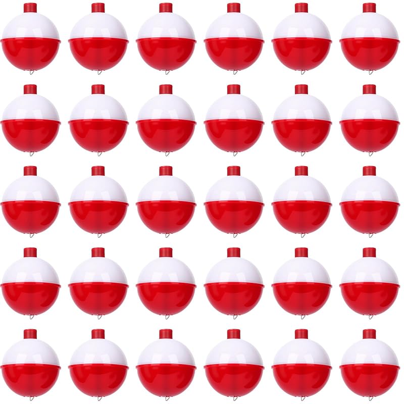 1.5 Inch Fishing Bobbers Floats Set, 30 Pieces, Push Button Round Red/White