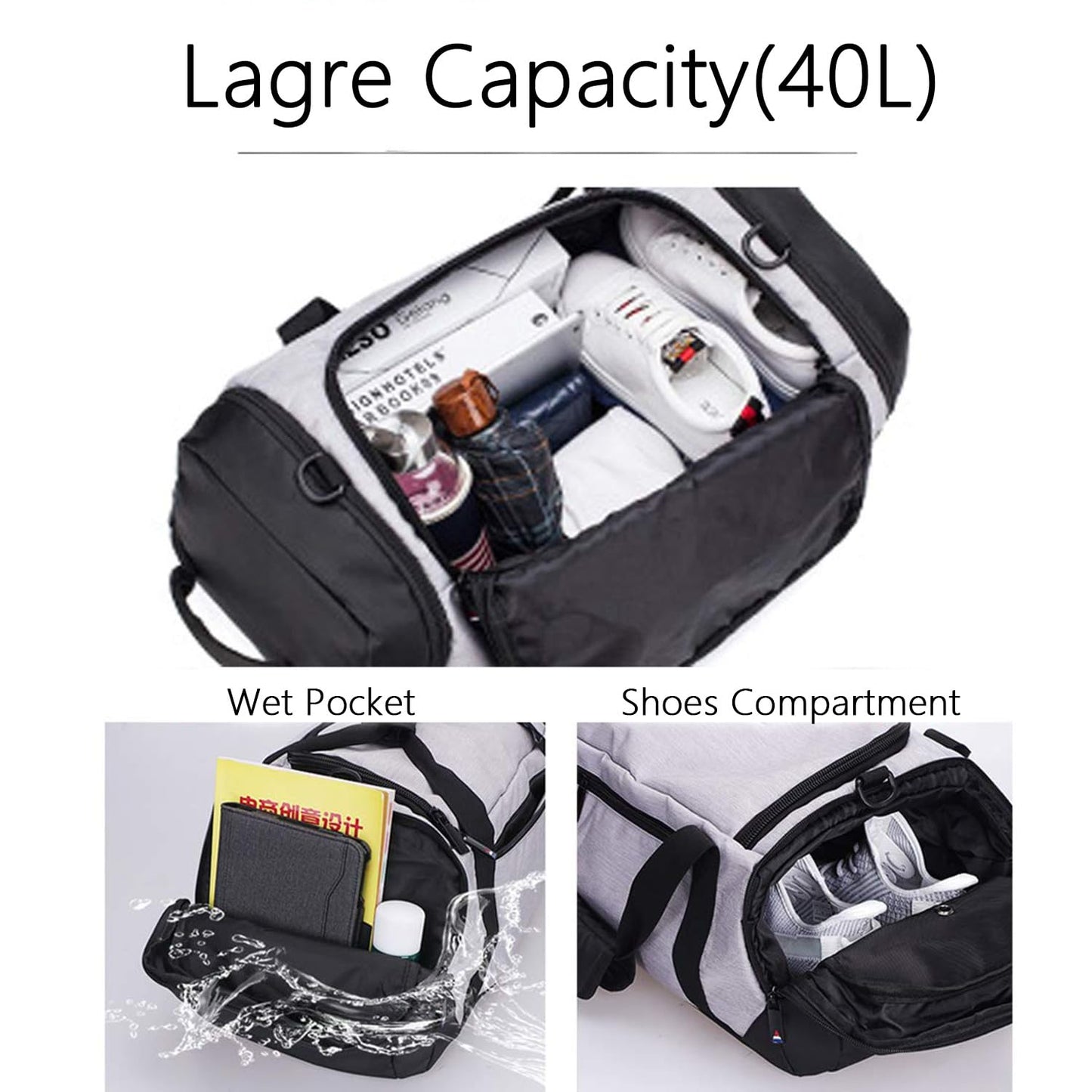 Gym Duffle Bag Backpack Waterproof Sports Duffel Bags Travel Weekender Bag for Men Women Overnight Bag with Shoes Compartment Grey