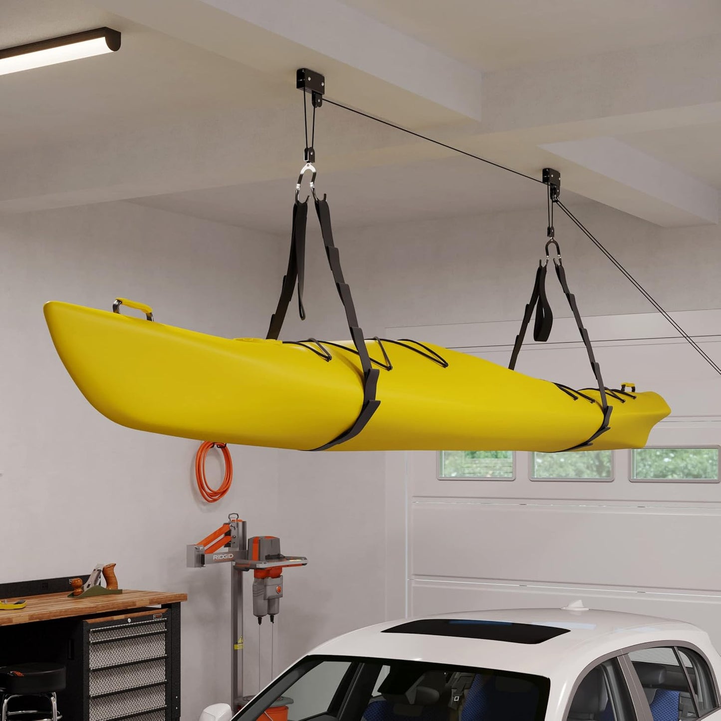 Kayak Storage Hoist - Overhead Pulley System with 125lb Capacity for Canoes, Bikes, Ladders, and More - for up to 12-Foot Ceilings