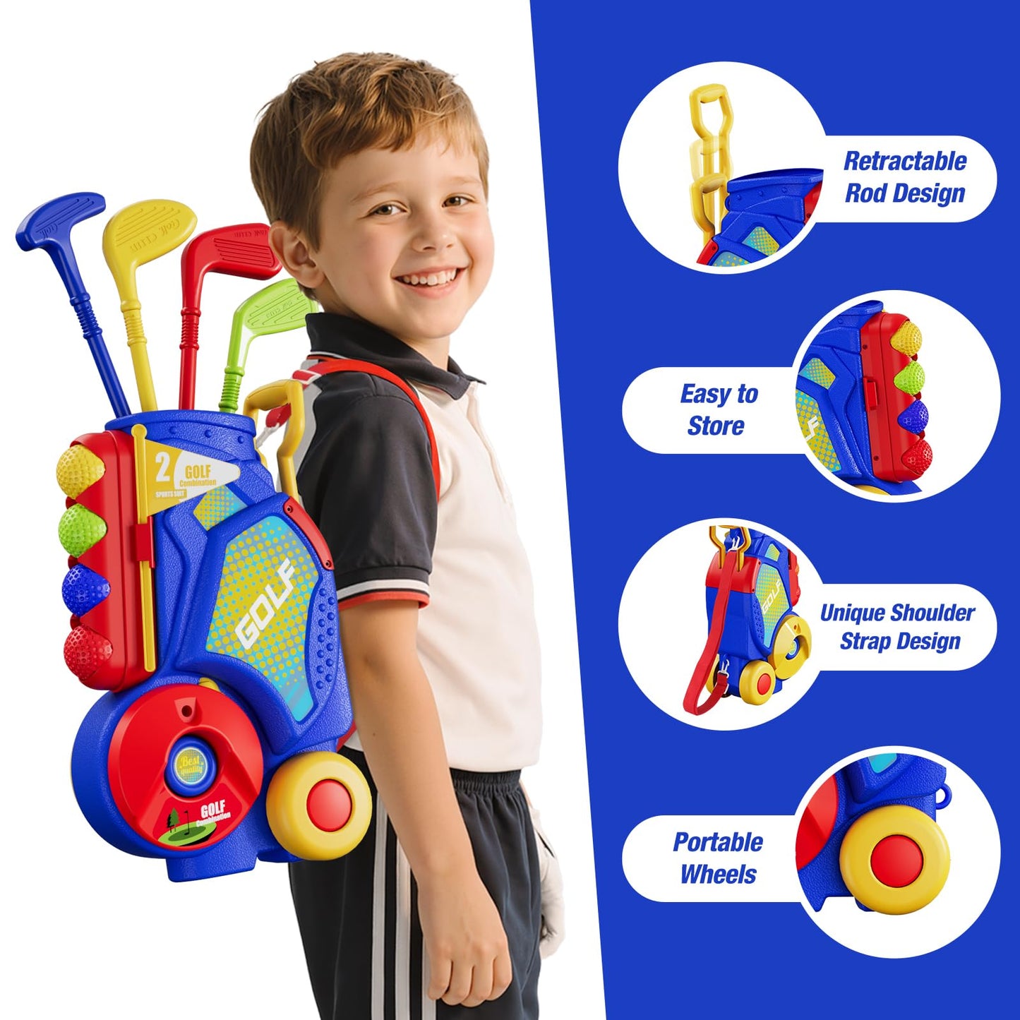 HYES 3 in 1 Toddler Golf Set with Putting Mat & Sticky/Golf Game, Kids Golf Club with 8 Balls, 4 Plastic Clubs, Scoreboard, Indoor Outdoor Sport Toys with Golf Cart Gift for Boys Girls Aged 2-5, Blue