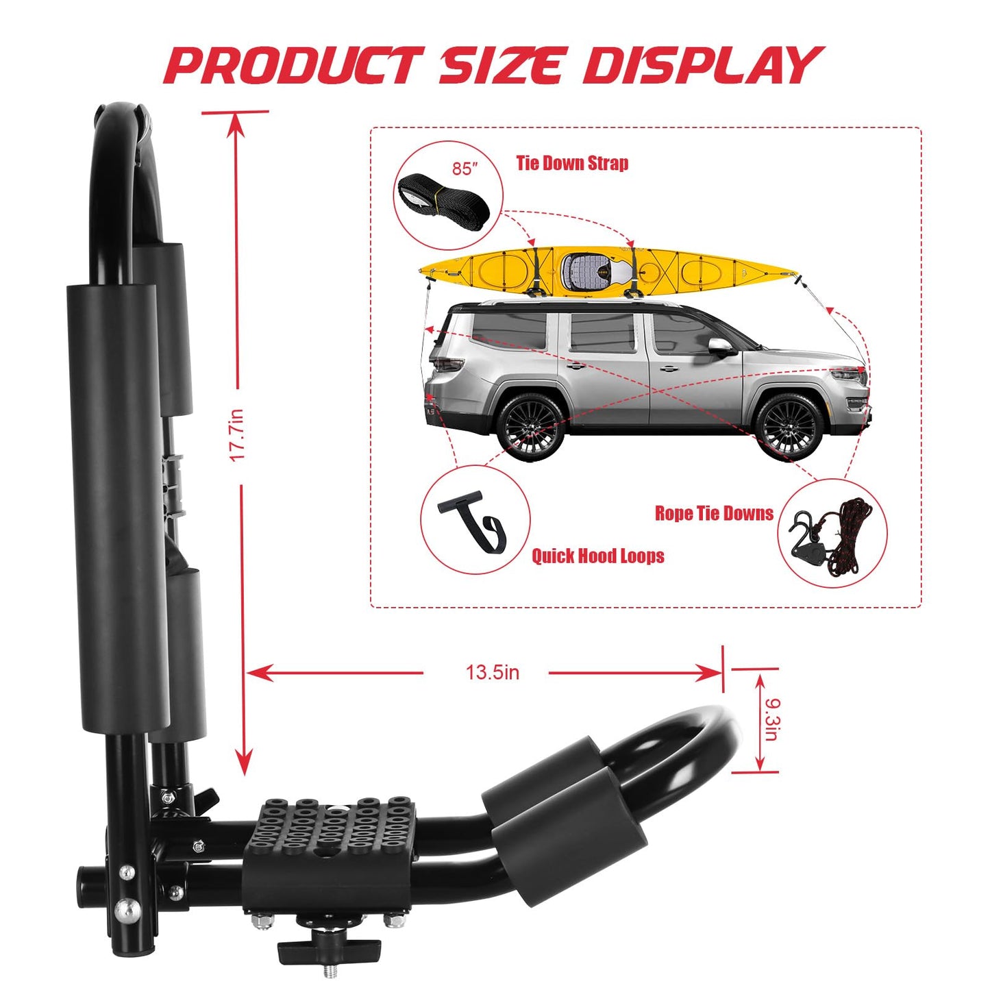 FORWODE 1 Pair Kayak Roof Rack, 2 in 1 Aluminum Folding J-Bar Roof Rack with 1 Set Ratchet Tie Straps for Kayak Canoe Boat Surf Ski on SUV Car Truck Crossbar