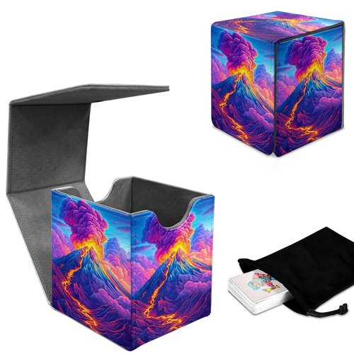 GYSYZJDH Premium MTG Deck Box – Holds 120+ Sleeved Cards, PU Leather Magnetic TCG Card Deck Box for MTG, Commander, and More, Colorful Volcano
