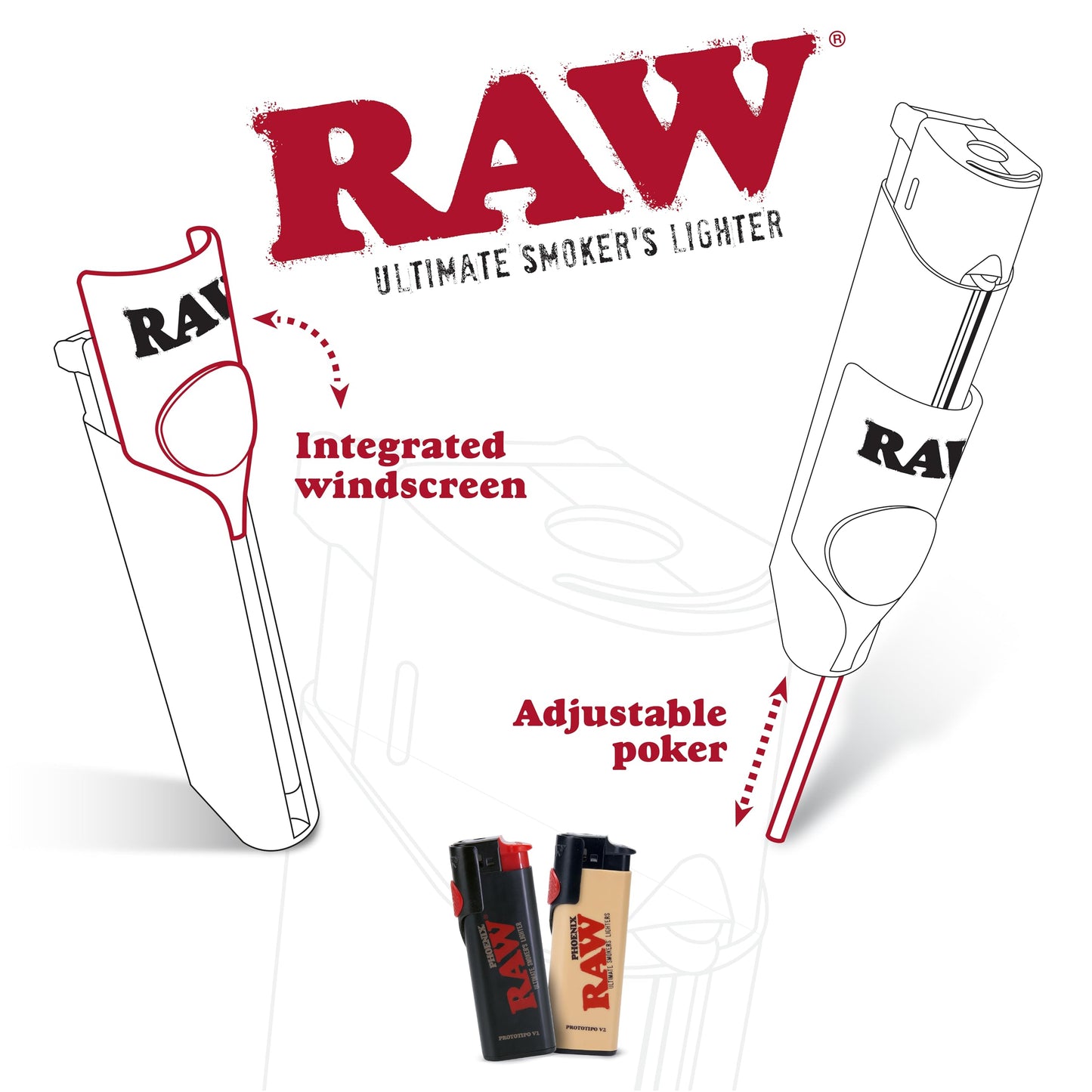 RAW Phoenix Classic Lighter - Refillable with Built-in Poker - Wind-Resistant - No Gas or Fuel Included + Exclusive for ESD Mini Black Rolling Tray Keychain - No Gas Included