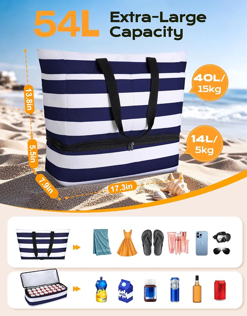 54L Beach Bag with Detachable Cooler Navyblue – Waterproof Sandproof Duffle for Beach, Pool & Travel