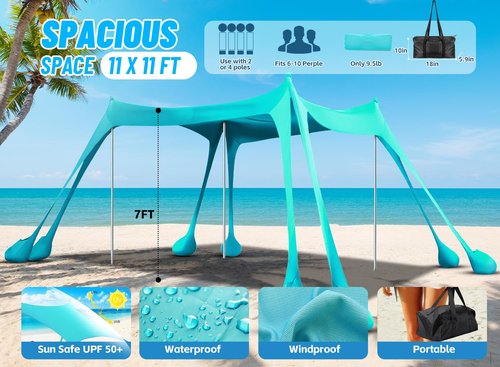 Vilupvie Beach Tent Sun Shelter Sunshade 11x11FT, UPF50+ Beach Canopy Tent Sun Shade with 8 Sandbags & 4 Stability Poles, Outdoor Shade Beach Canopy for Camping, Fishing, Backyard, Picnics (Turquoise)