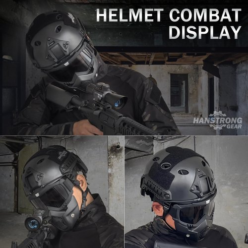 Airsoft Helmet and Mask Tactical Paintball Black PJ Type Fast Helmet with Detachable Adjustable Goggles Airsoft Full Face Masks Protection