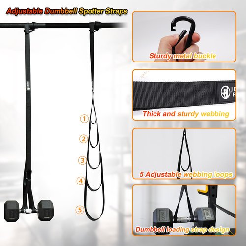 J Bryant Adjustable Dumbbell Spotter Straps – Heavy Duty Weight Lifting, 220LB Capacity Per Strap, 5 Quick-Adjust Positioning Points, Compatible with Squat Racks & Pull-Up Bars for Home & Gym