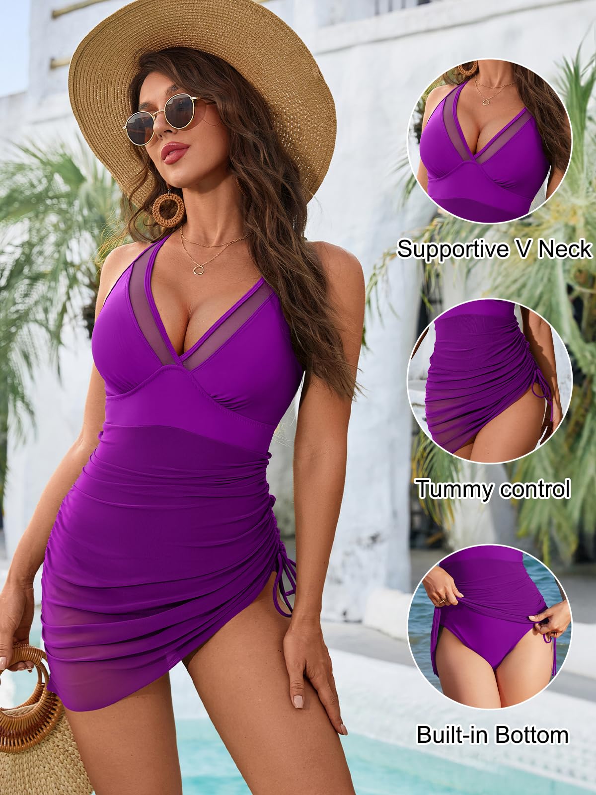 Blooming Jelly Women One Piece Swim Dress Tummy Control Swimsuits Slimming Sarong Wraps Bathing Suit (XL, Purple)