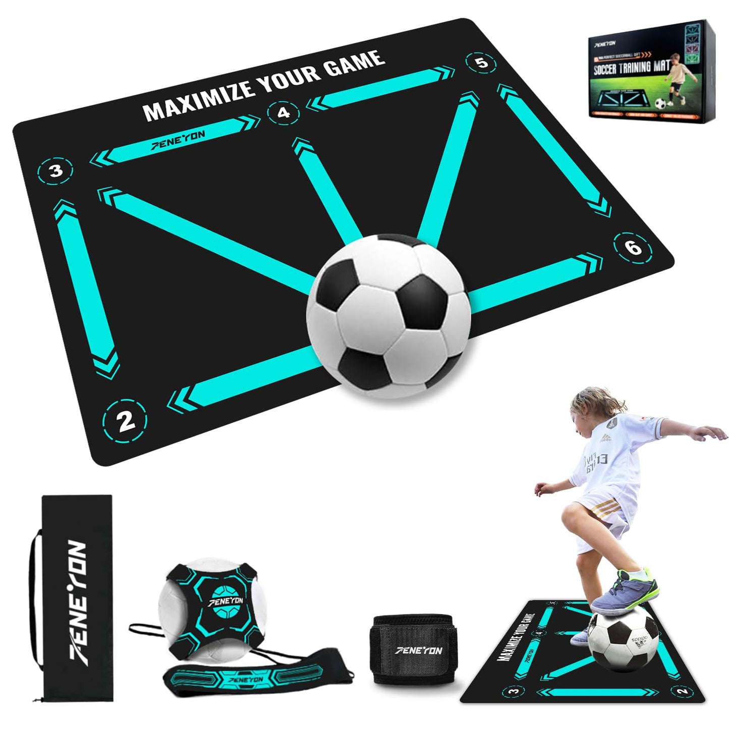 Soccer Training Equipment,Soccer Training Mat Improve Strength,Agility and Coordination,Anti-Slip Silent Absorption Soccer Footwork Training Mat,Soccer Trainer for Indoor/Outdoor Drills (Training Set 35*23 IN)